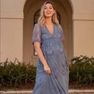 Blue Lace Mesh Overlay Maternity Maxi Dress